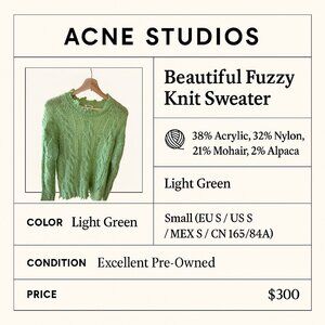 Acne Studios Green Mohair  Size: 170/84A (approx. S/M) Made in Italy